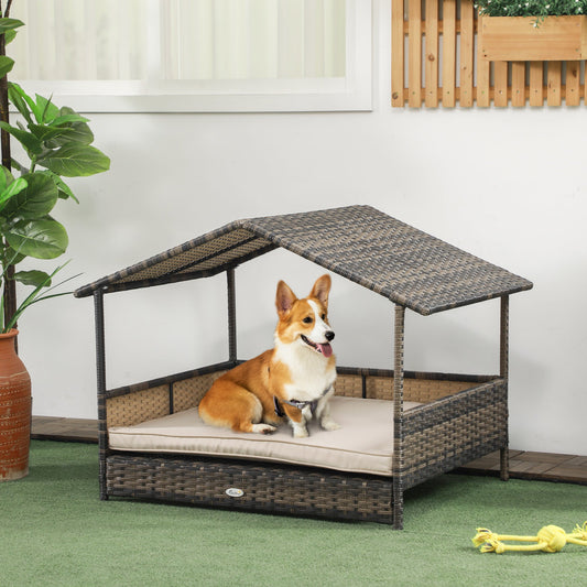 KFX-1850173 Khaki Wicker Dog House with Removable Cushion for Indoor and Outdoor Use