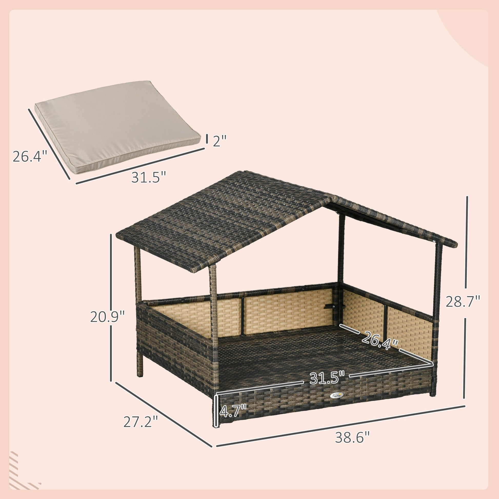 KFX-1850173 Khaki Wicker Dog House with Removable Cushion for Indoor and Outdoor Use