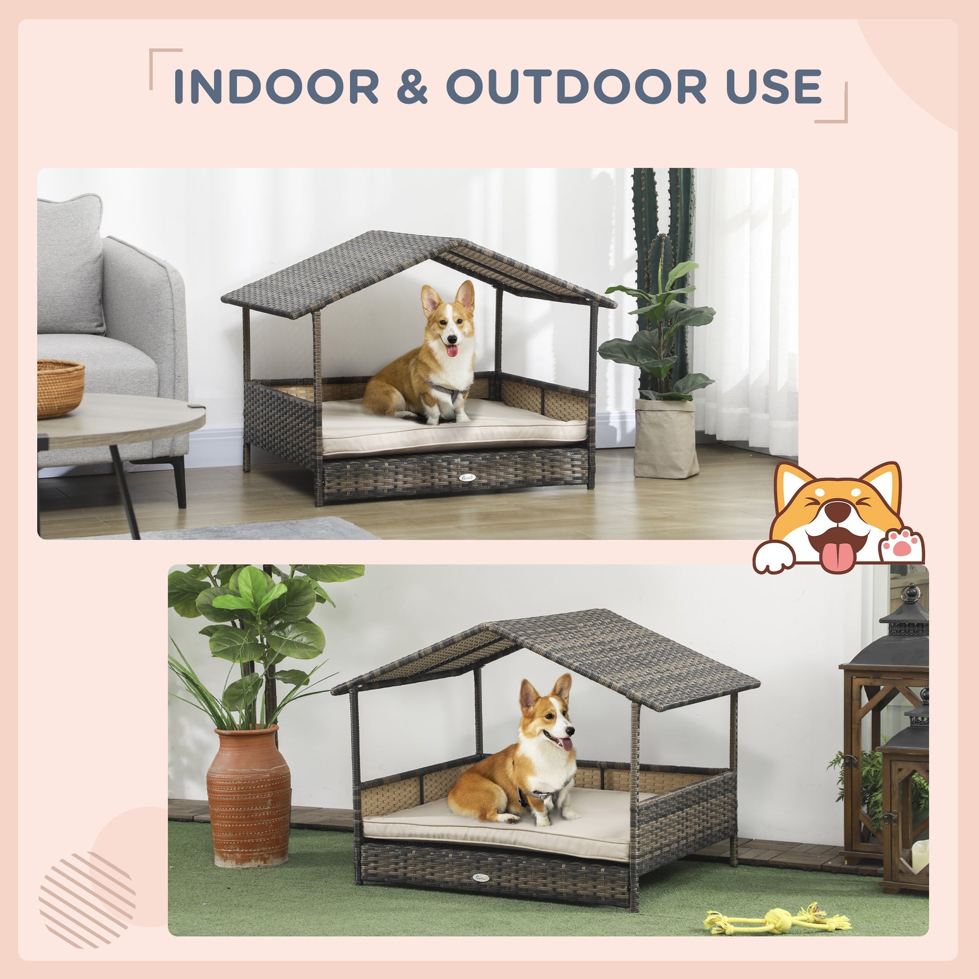 KFX-1850173 Khaki Wicker Dog House with Removable Cushion for Indoor and Outdoor Use