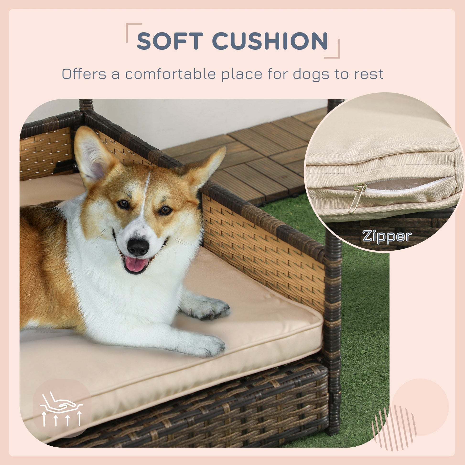 KFX-1850173 Khaki Wicker Dog House with Removable Cushion for Indoor and Outdoor Use