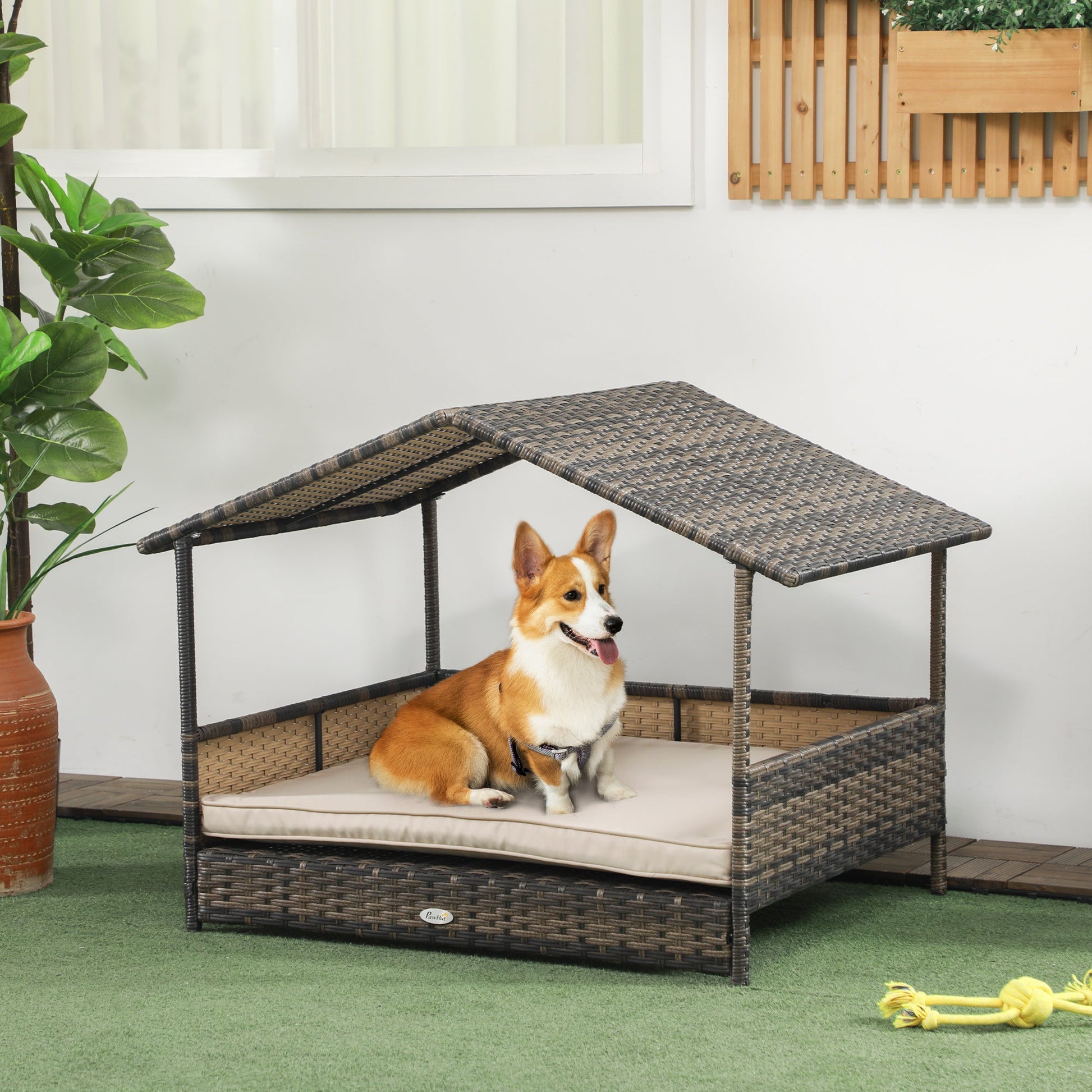 KFX-1850173 Khaki Wicker Dog House with Removable Cushion for Indoor and Outdoor Use