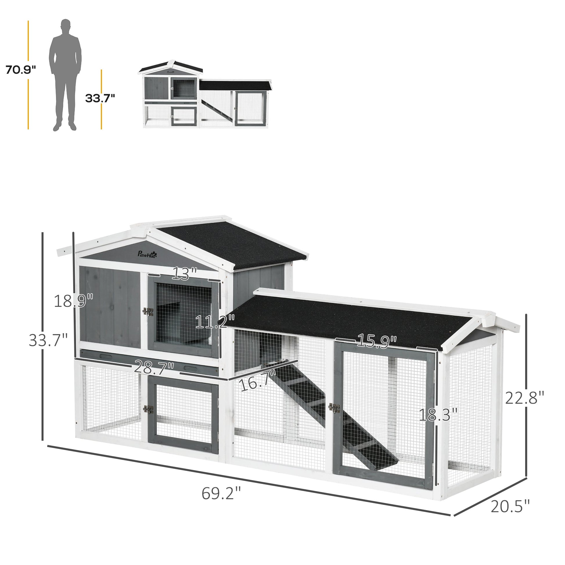 KFX-1860925 Wooden Rabbit Hutch with Run, Tray, and Ramp for Small Pets in White