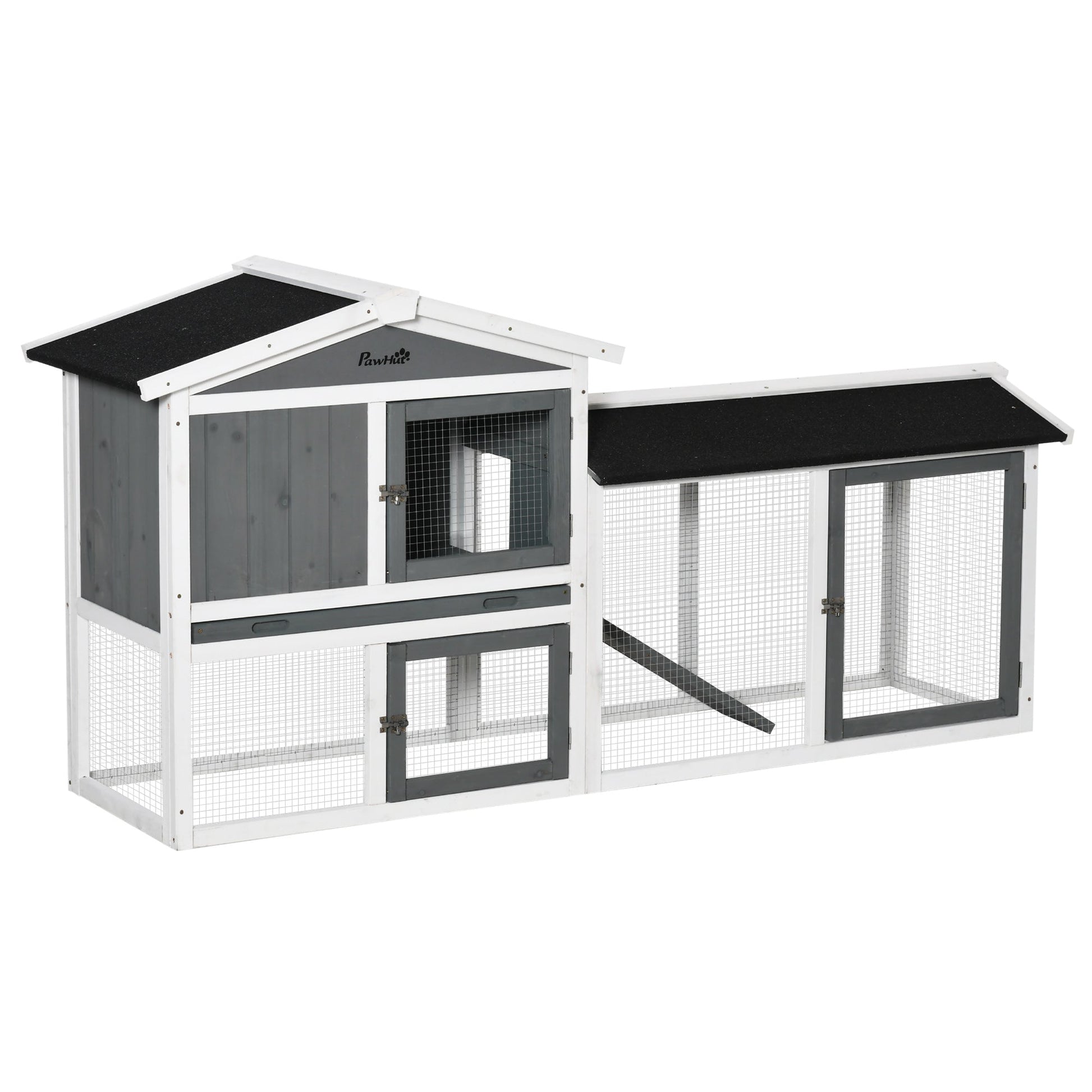 KFX-1860925 Wooden Rabbit Hutch with Run, Tray, and Ramp for Small Pets in White