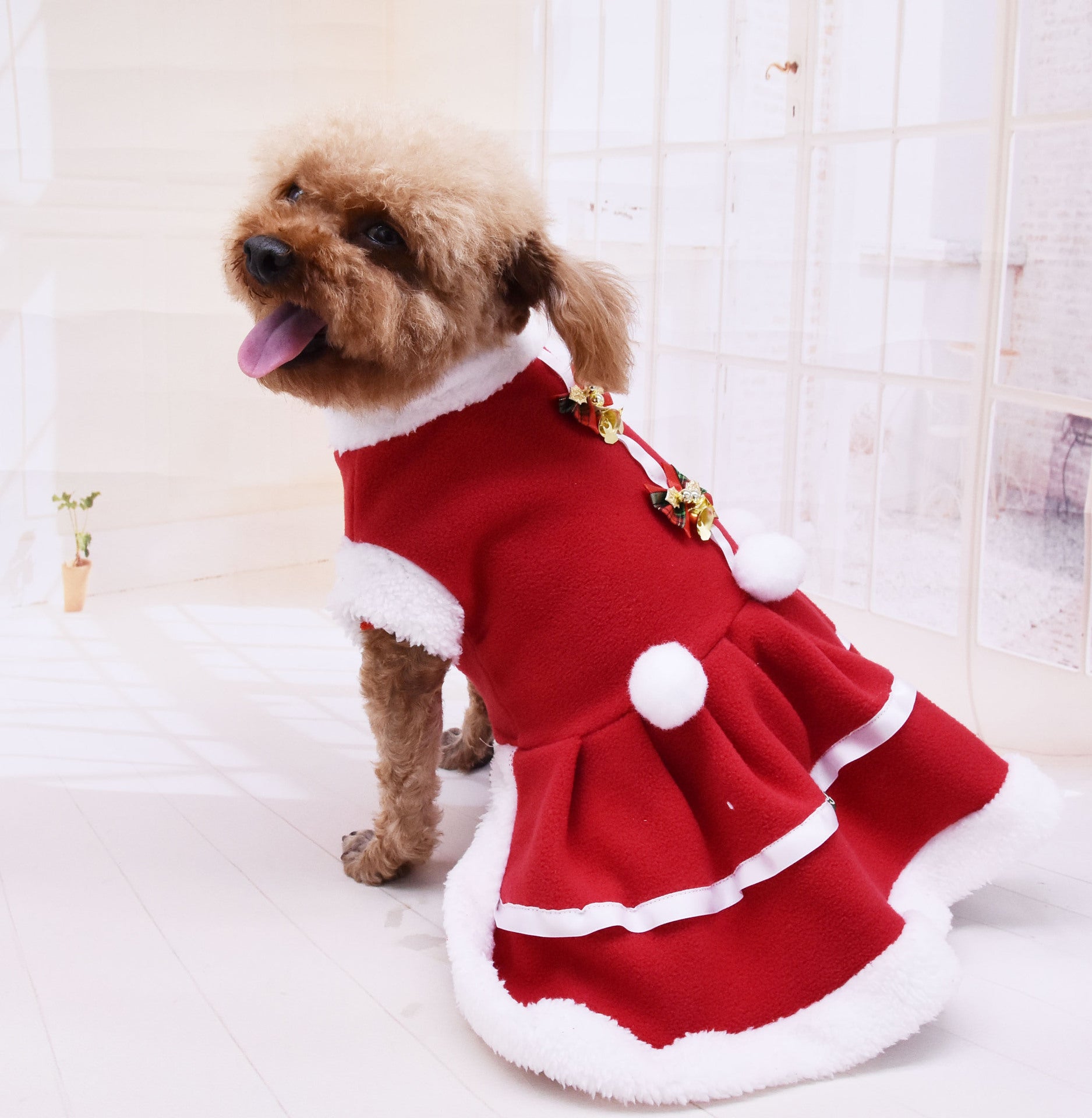 KFX-1861437 Cozy Red Fleece Christmas Skirt for Dogs - Warm Pet Dress for Autumn and Winter