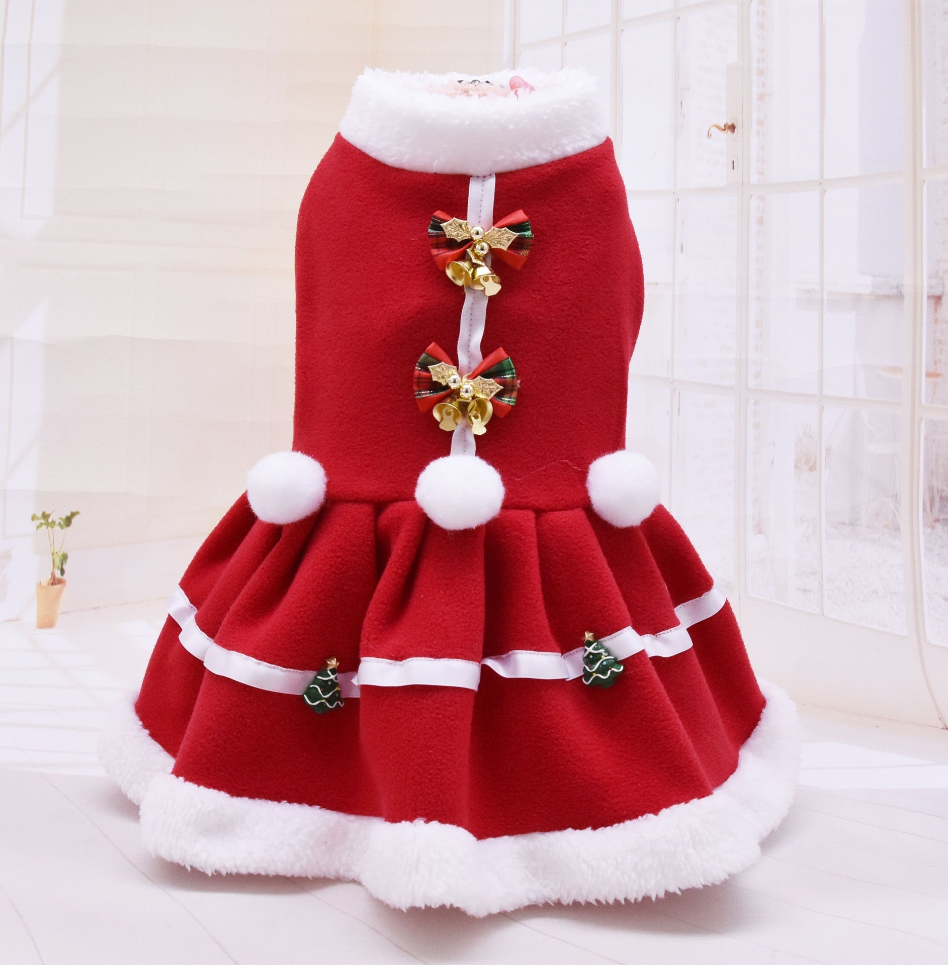 KFX-1861437 Cozy Red Fleece Christmas Skirt for Dogs - Warm Pet Dress for Autumn and Winter