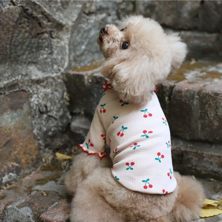 KFX-1862845 Cherry Print Cotton Wavy Edge Dog Top for All Sizes in Blue, White, and Pink