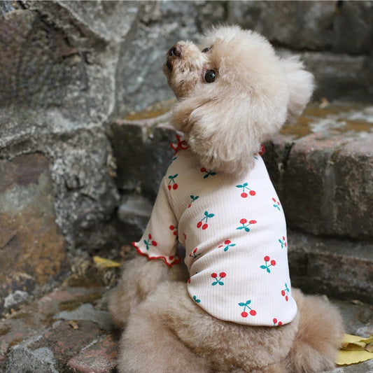 KFX-1862845 Cherry Print Cotton Wavy Edge Dog Top for All Sizes in Blue, White, and Pink