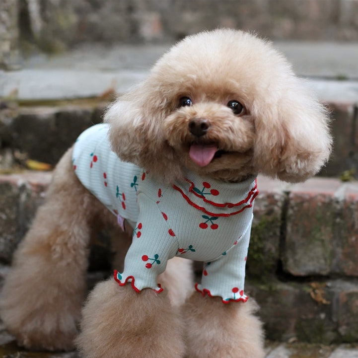 KFX-1862845 Cherry Print Cotton Wavy Edge Dog Top for All Sizes in Blue, White, and Pink