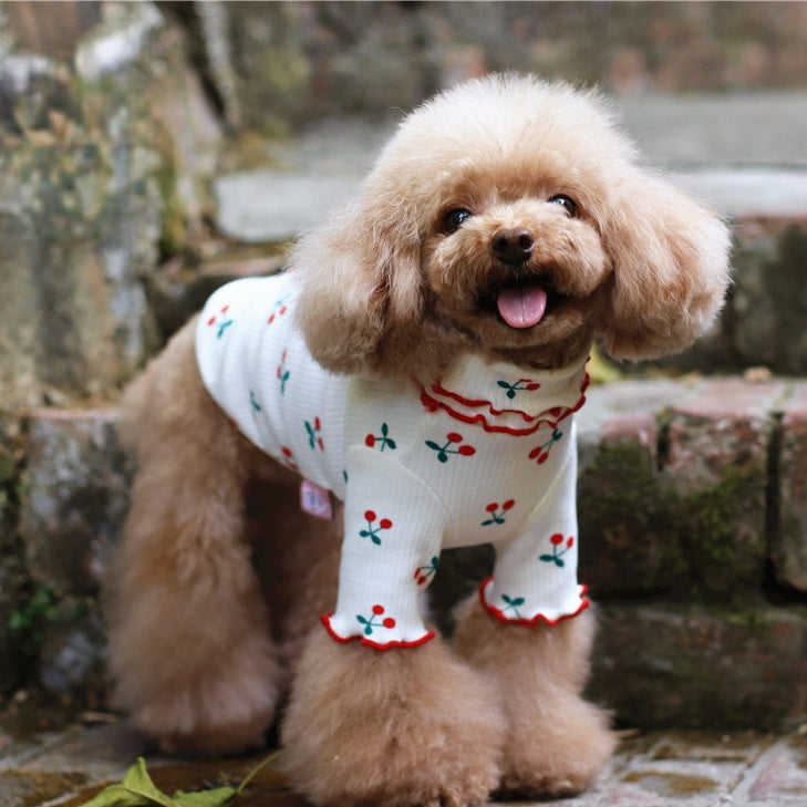 KFX-1862845 Cherry Print Cotton Wavy Edge Dog Top for All Sizes in Blue, White, and Pink