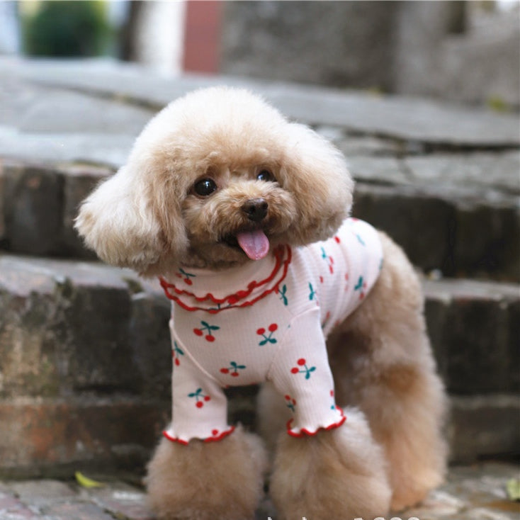KFX-1862845 Cherry Print Cotton Wavy Edge Dog Top for All Sizes in Blue, White, and Pink