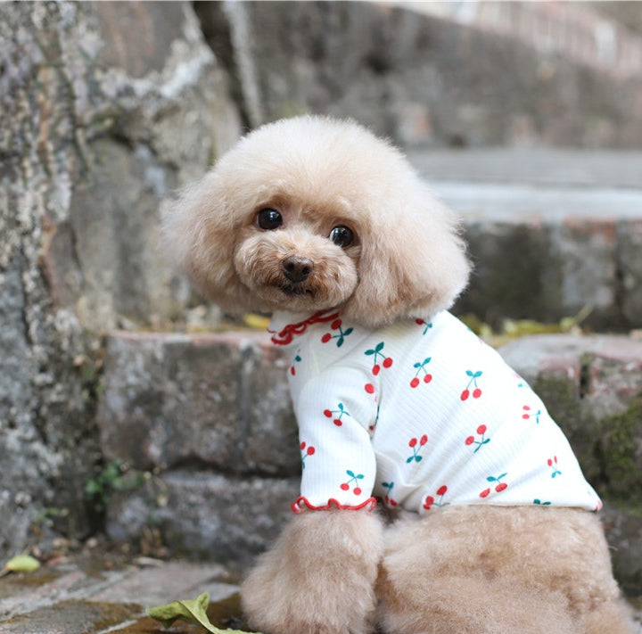 KFX-1862845 Cherry Print Cotton Wavy Edge Dog Top for All Sizes in Blue, White, and Pink