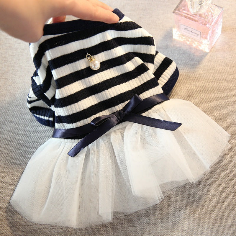 KFX-1863613 Navy and Coffee Striped Cotton Summer Skirt for Small Dogs