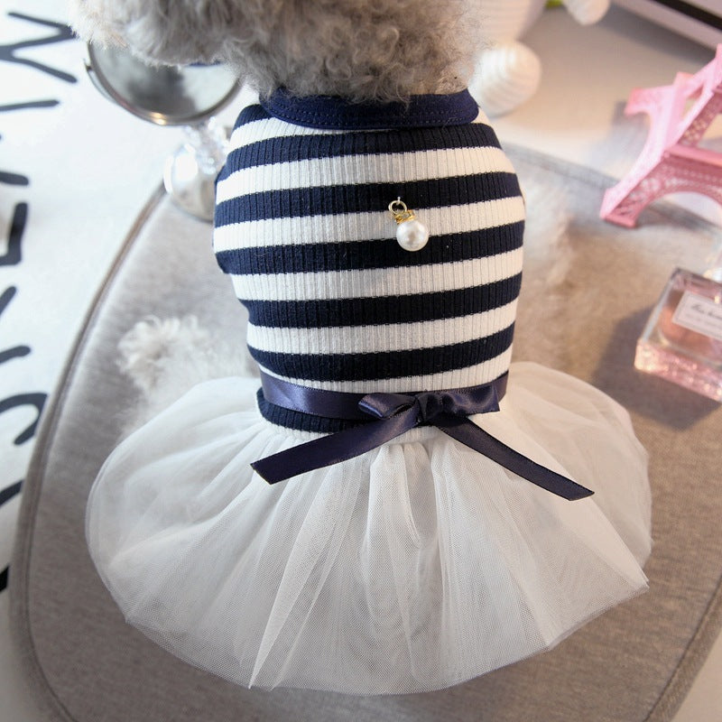KFX-1863613 Navy and Coffee Striped Cotton Summer Skirt for Small Dogs