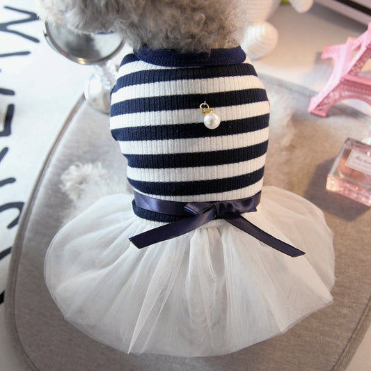 KFX-1863613 Navy and Coffee Striped Cotton Summer Skirt for Small Dogs