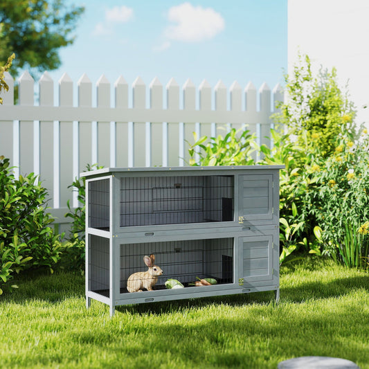KFX-1866685 2-Story Wooden Rabbit Hutch with Waterproof Roof and Lockable Doors, Gray Small Animal Habitat