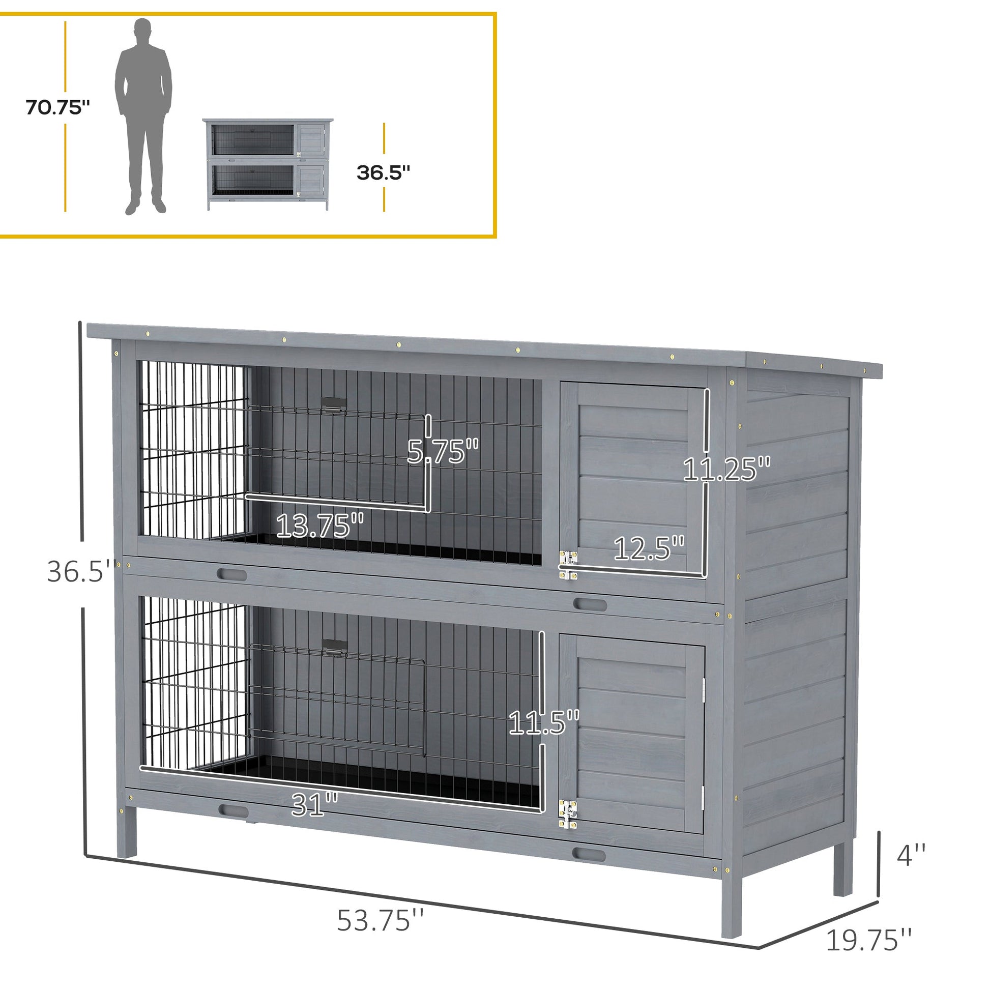 KFX-1866685 2-Story Wooden Rabbit Hutch with Waterproof Roof and Lockable Doors, Gray Small Animal Habitat