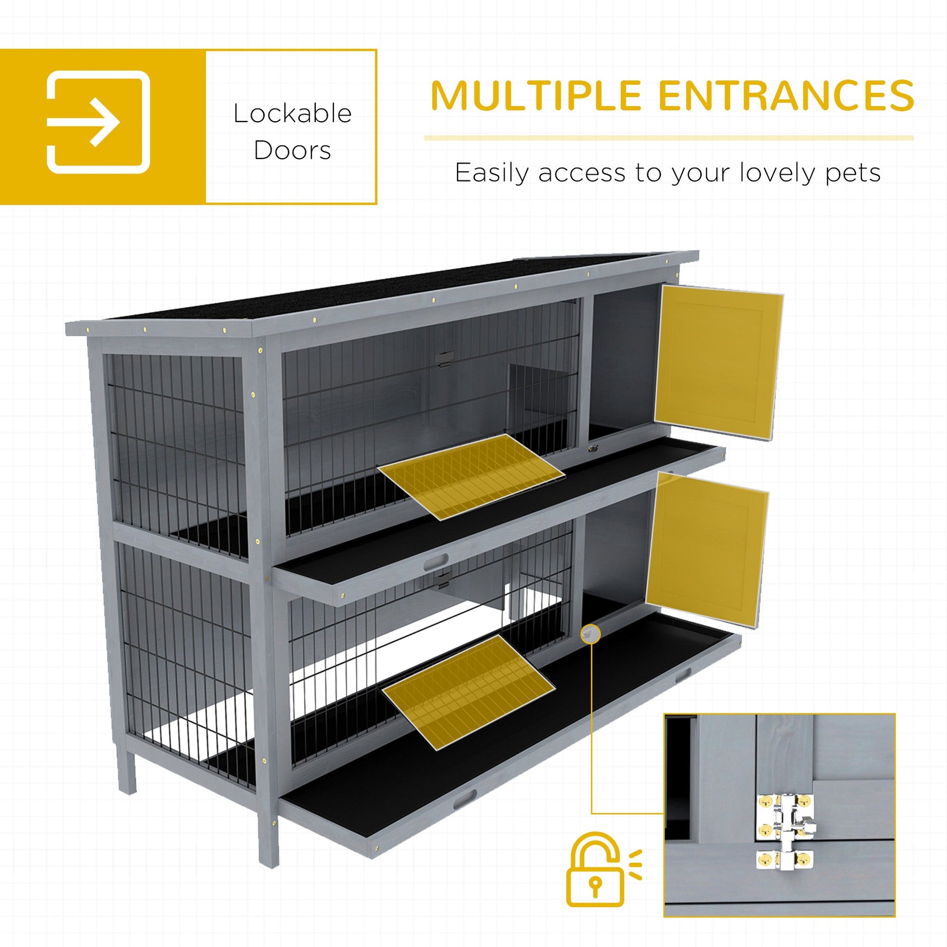 KFX-1866685 2-Story Wooden Rabbit Hutch with Waterproof Roof and Lockable Doors, Gray Small Animal Habitat
