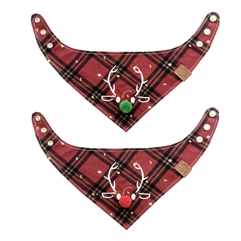 KFX-1876157 Christmas Deer Scarf for Pets - Triangular Towel in Red or Green Nose, Sizes XS to L for Cats and Dogs