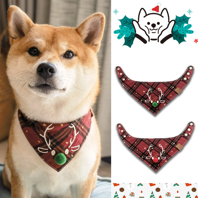 KFX-1876157 Christmas Deer Scarf for Pets - Triangular Towel in Red or Green Nose, Sizes XS to L for Cats and Dogs