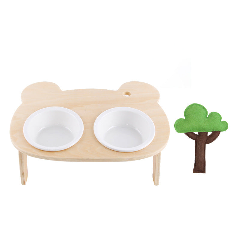 KFX-1884477 Oblique Mouth Wooden Cat Food Bowl Holder with Elevated Design