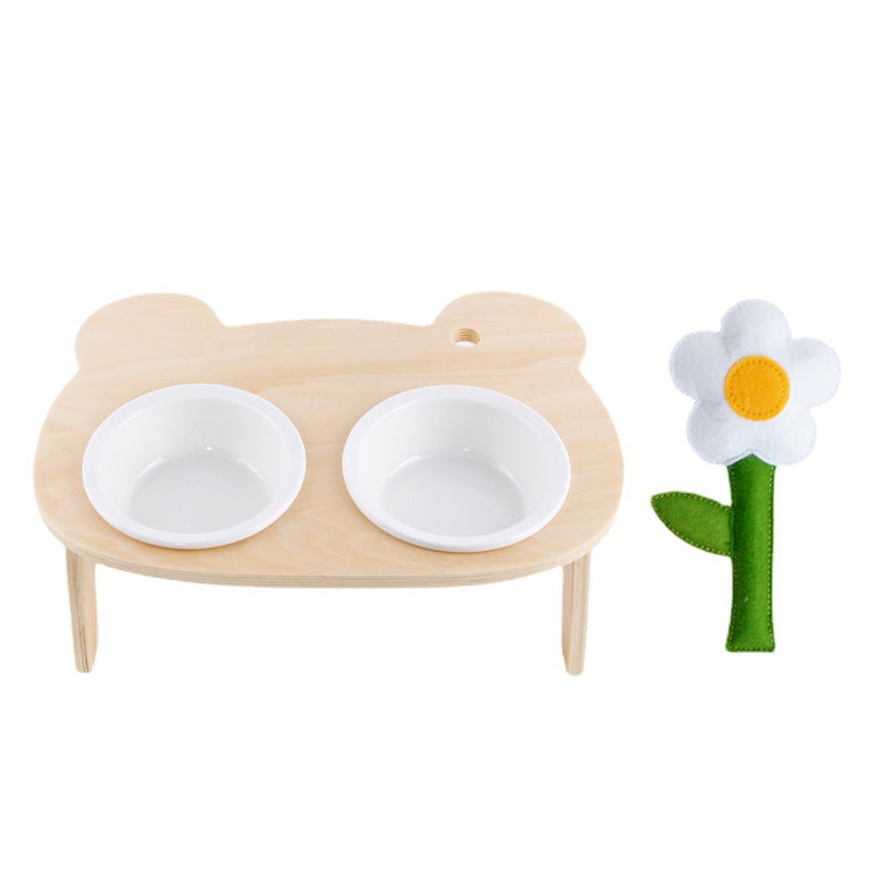 KFX-1884477 Oblique Mouth Wooden Cat Food Bowl Holder with Elevated Design