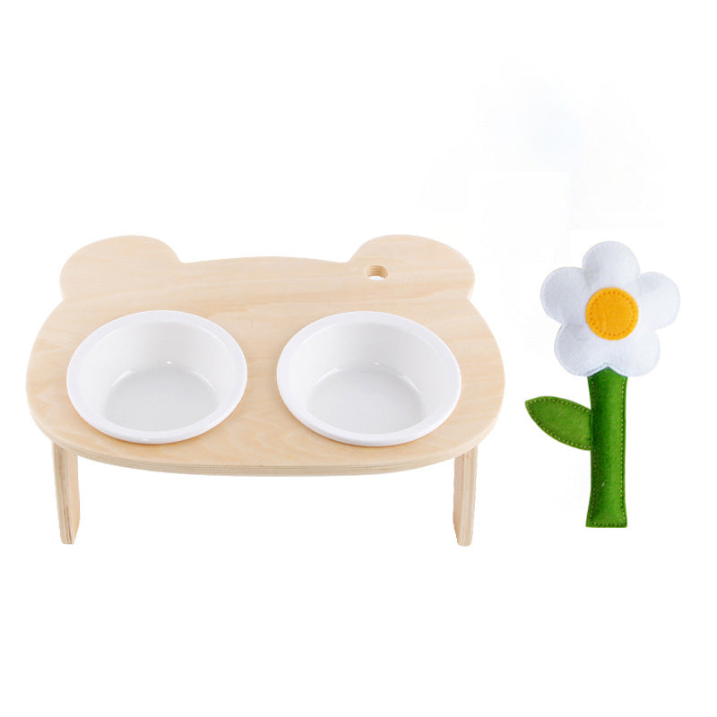KFX-1884477 Oblique Mouth Wooden Cat Food Bowl Holder with Elevated Design