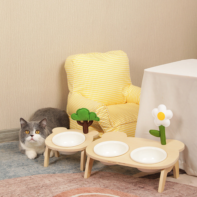 KFX-1884477 Oblique Mouth Wooden Cat Food Bowl Holder with Elevated Design
