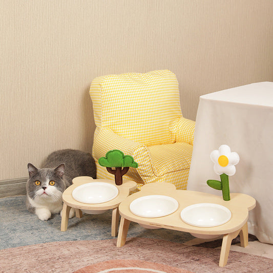 KFX-1884477 Oblique Mouth Wooden Cat Food Bowl Holder with Elevated Design