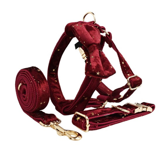 KFX-1885757 Soft Velvet Fabric Dog Collar with Leash, Bow, Flower, Vest, and Poop Bag - Adjustable Sizes XS to XL