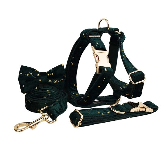 KFX-1885757 Soft Velvet Fabric Dog Collar with Leash, Bow, Flower, Vest, and Poop Bag - Adjustable Sizes XS to XL