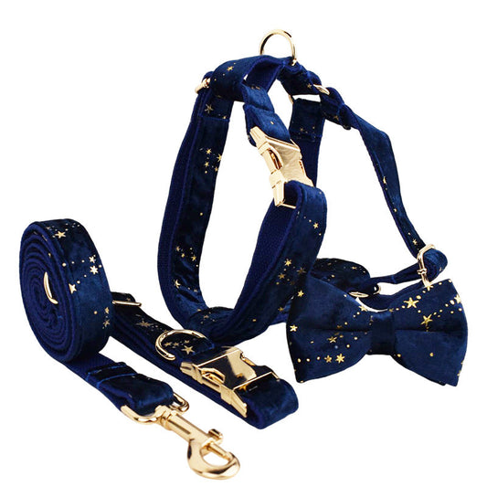 KFX-1885757 Soft Velvet Fabric Dog Collar with Leash, Bow, Flower, Vest, and Poop Bag - Adjustable Sizes XS to XL