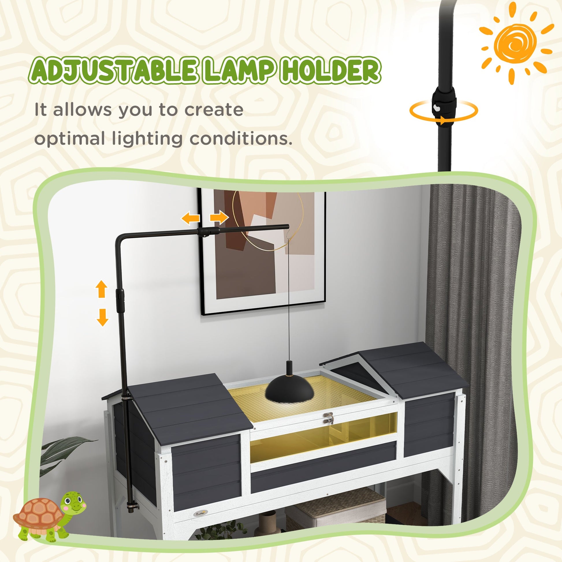 KFX-1887933 Gray Wooden Tortoise Enclosure with Adjustable Lamp Holder, Dual Hide Boxes, and Storage Shelf