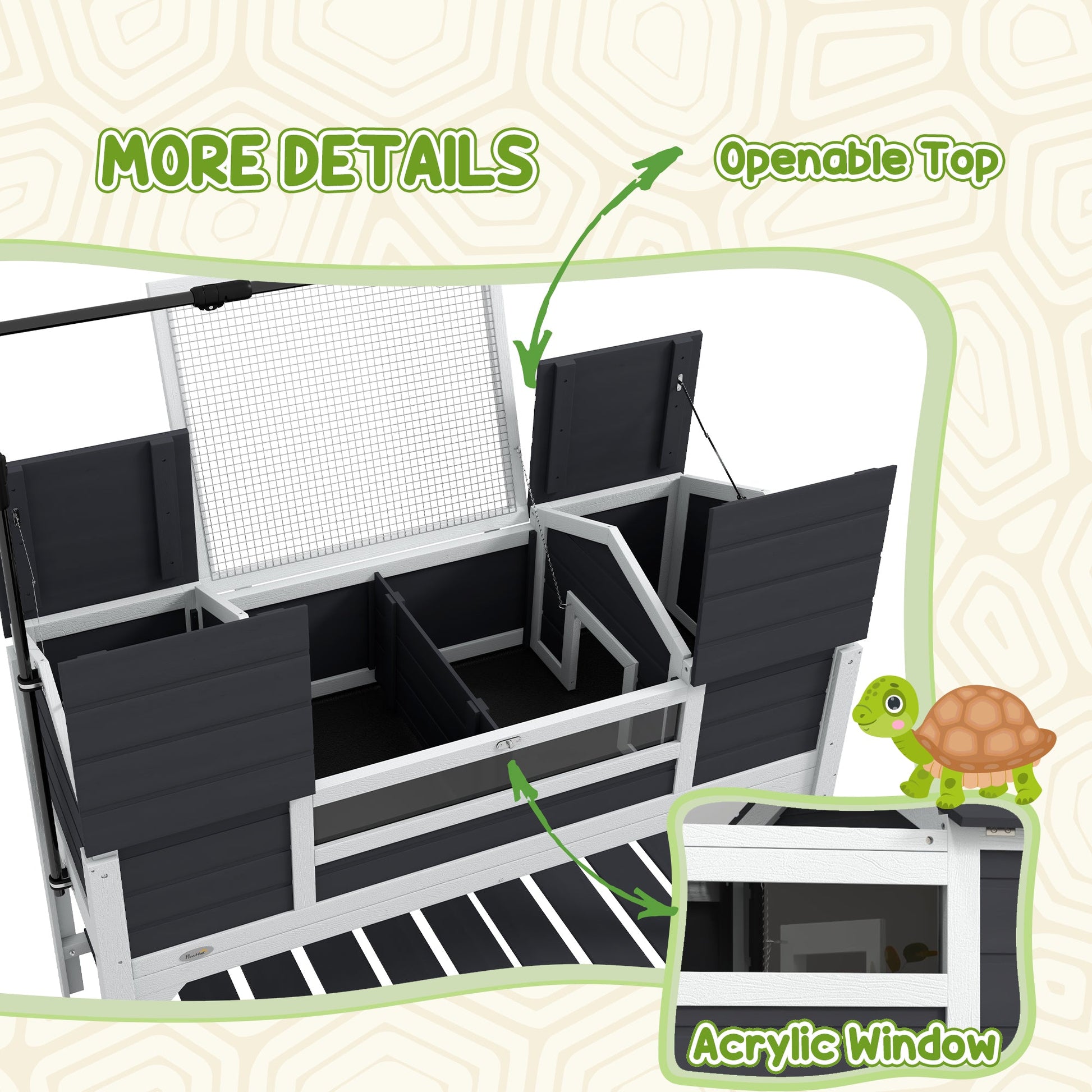 KFX-1887933 Gray Wooden Tortoise Enclosure with Adjustable Lamp Holder, Dual Hide Boxes, and Storage Shelf