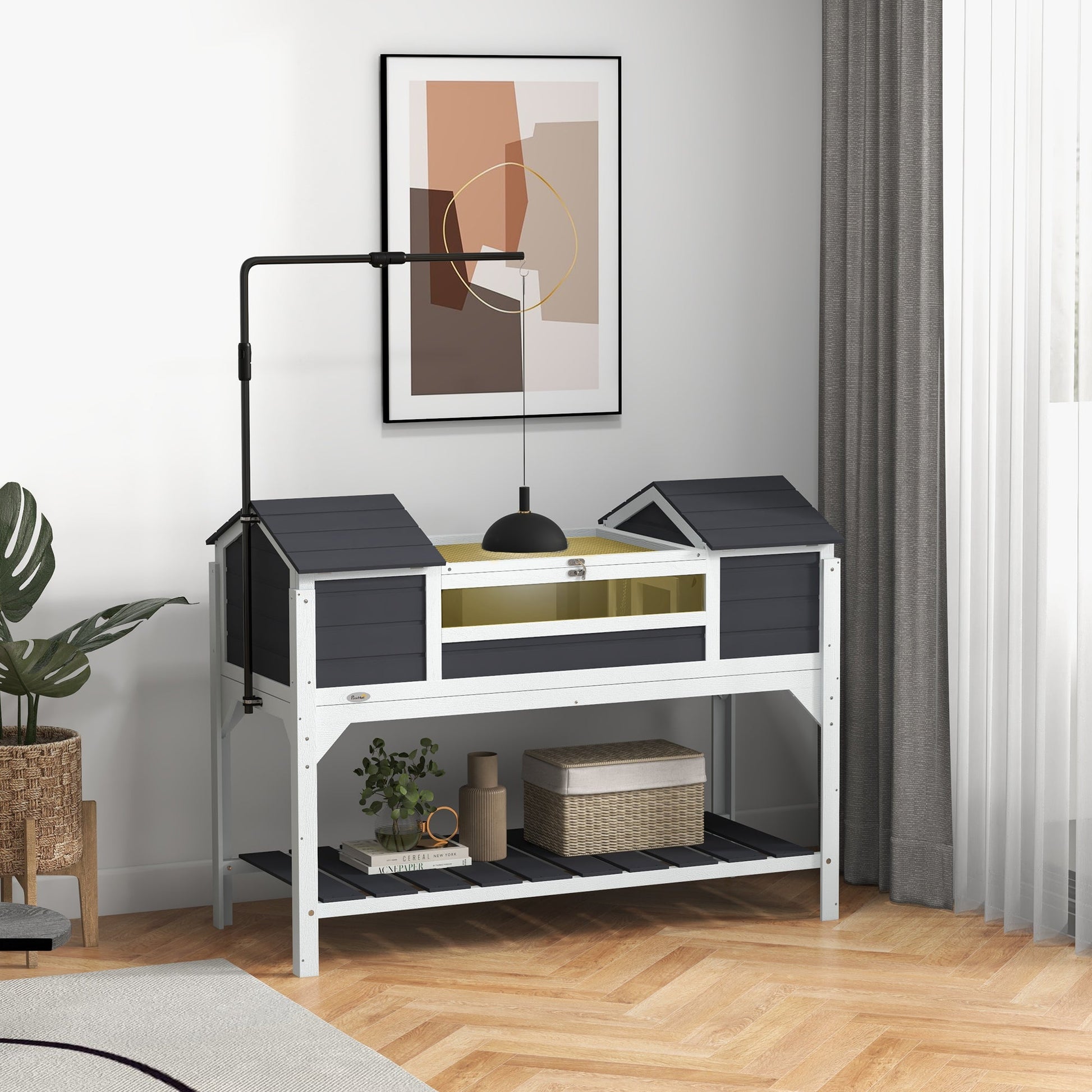 KFX-1887933 Gray Wooden Tortoise Enclosure with Adjustable Lamp Holder, Dual Hide Boxes, and Storage Shelf