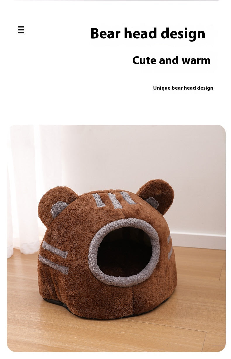 KFX-1890109 Cozy Semi-Closed Bear Head Cat Nest with Detachable Design for Autumn and Winter
