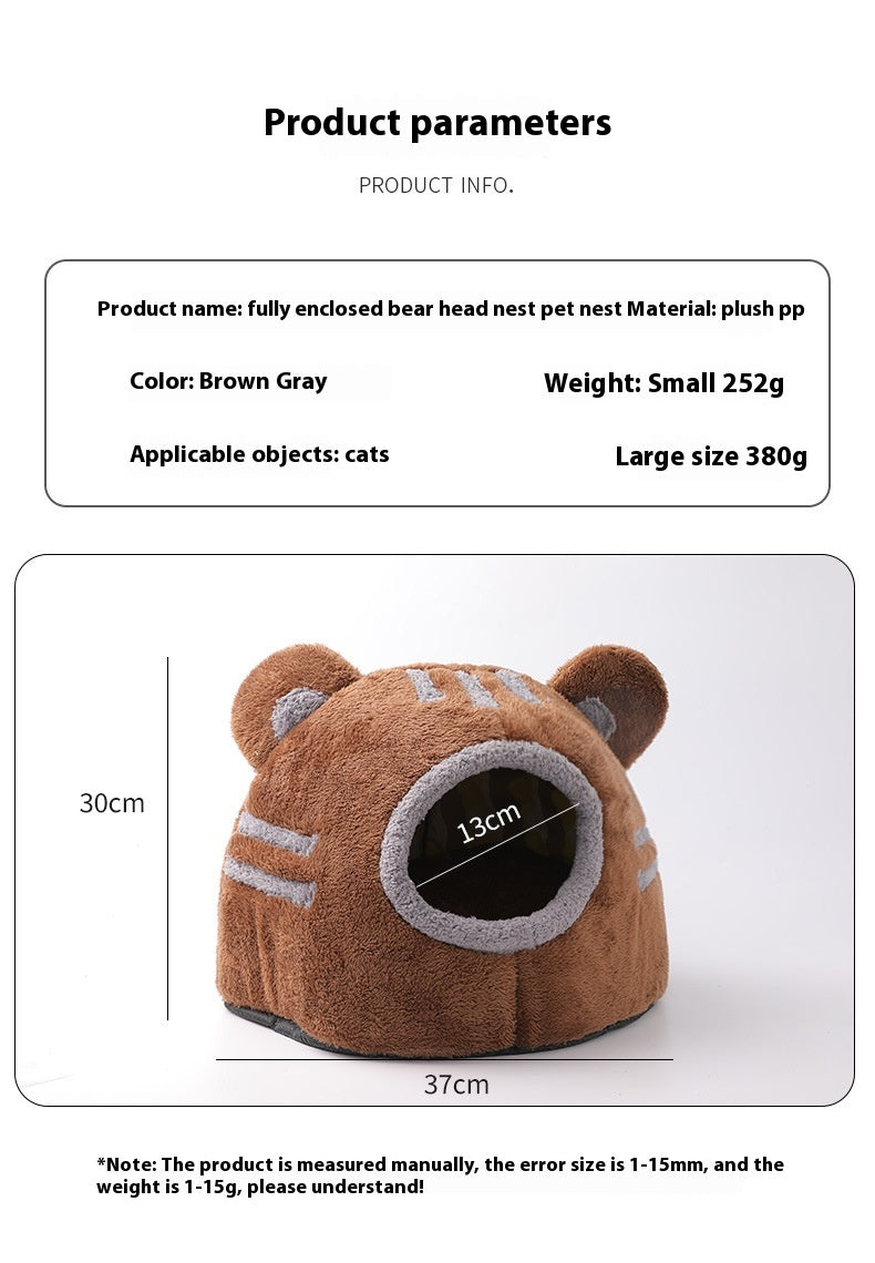 KFX-1890109 Cozy Semi-Closed Bear Head Cat Nest with Detachable Design for Autumn and Winter