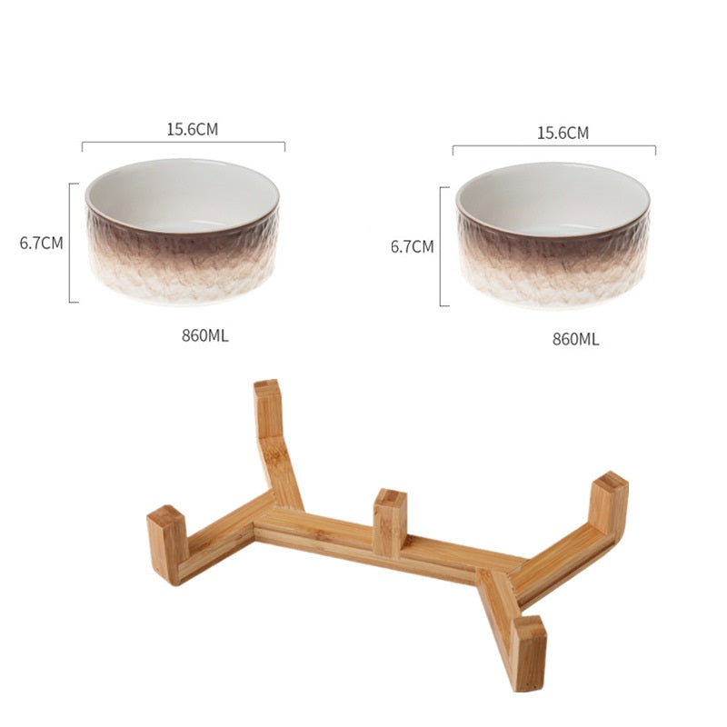 KFX-1890237 Ceramic Anti-Overturning Pet Bowl in Gradient Stone Colors with Optional Wood Rack