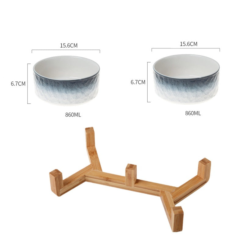 KFX-1890237 Ceramic Anti-Overturning Pet Bowl in Gradient Stone Colors with Optional Wood Rack