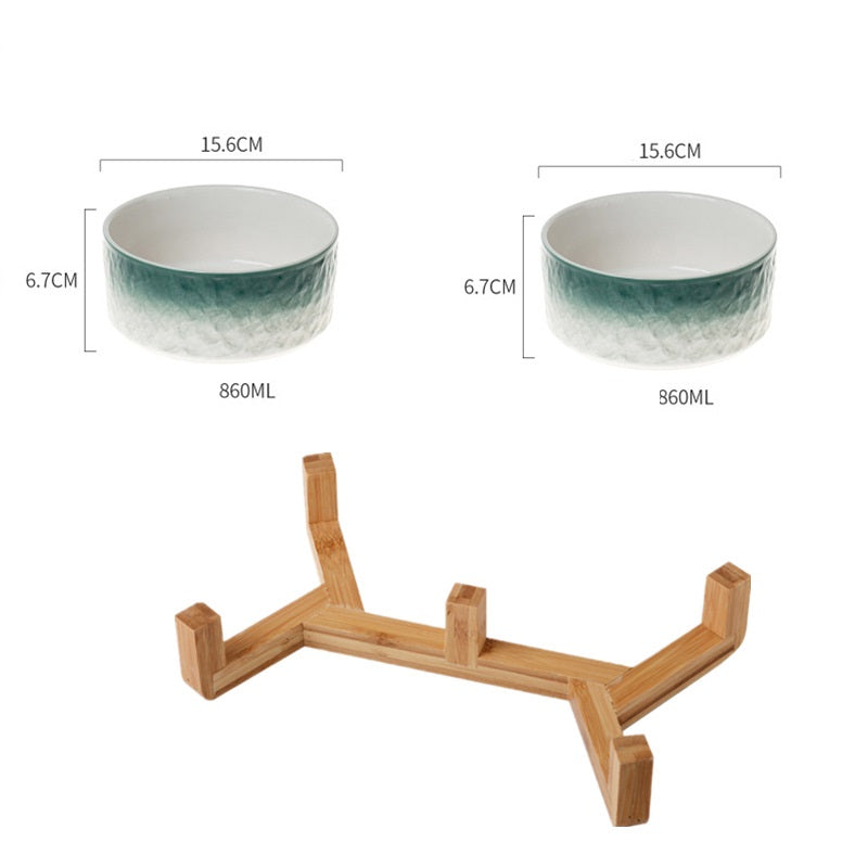 KFX-1890237 Ceramic Anti-Overturning Pet Bowl in Gradient Stone Colors with Optional Wood Rack