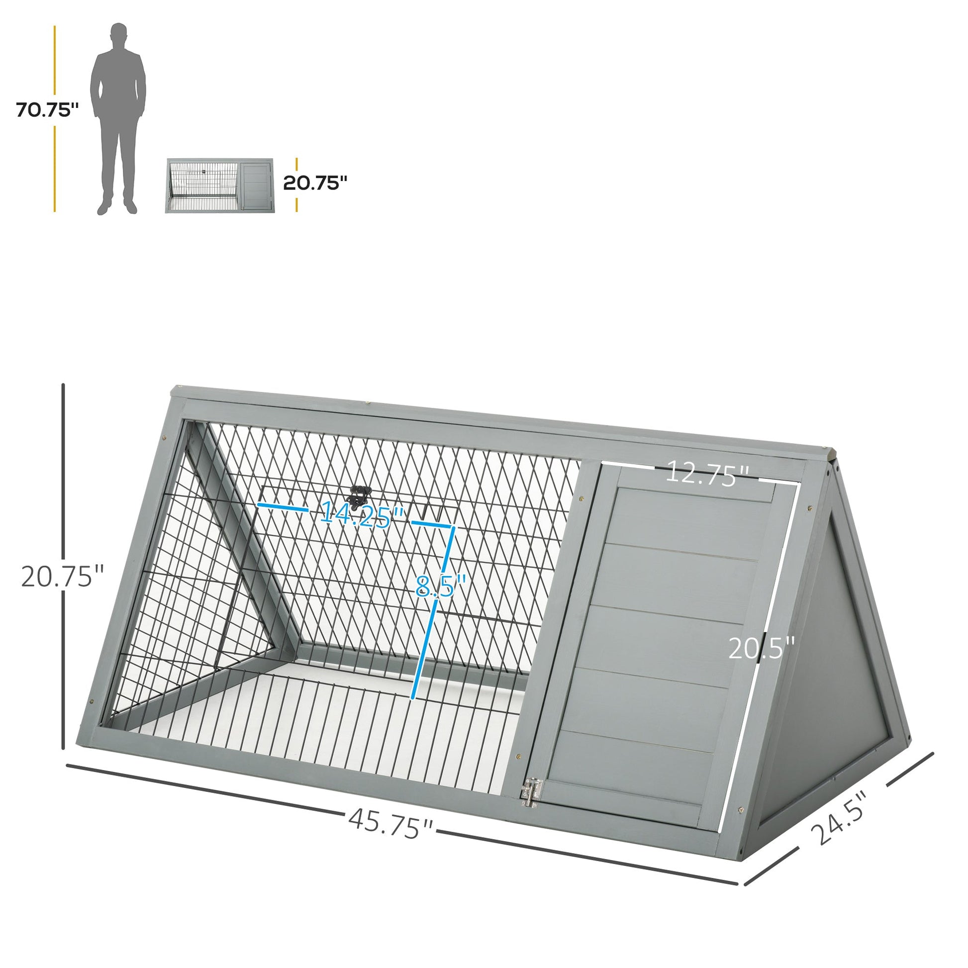 KFX-1899453 Outdoor Wooden A-Frame Rabbit Hutch with Run and Ventilation for Small Animals, Grey