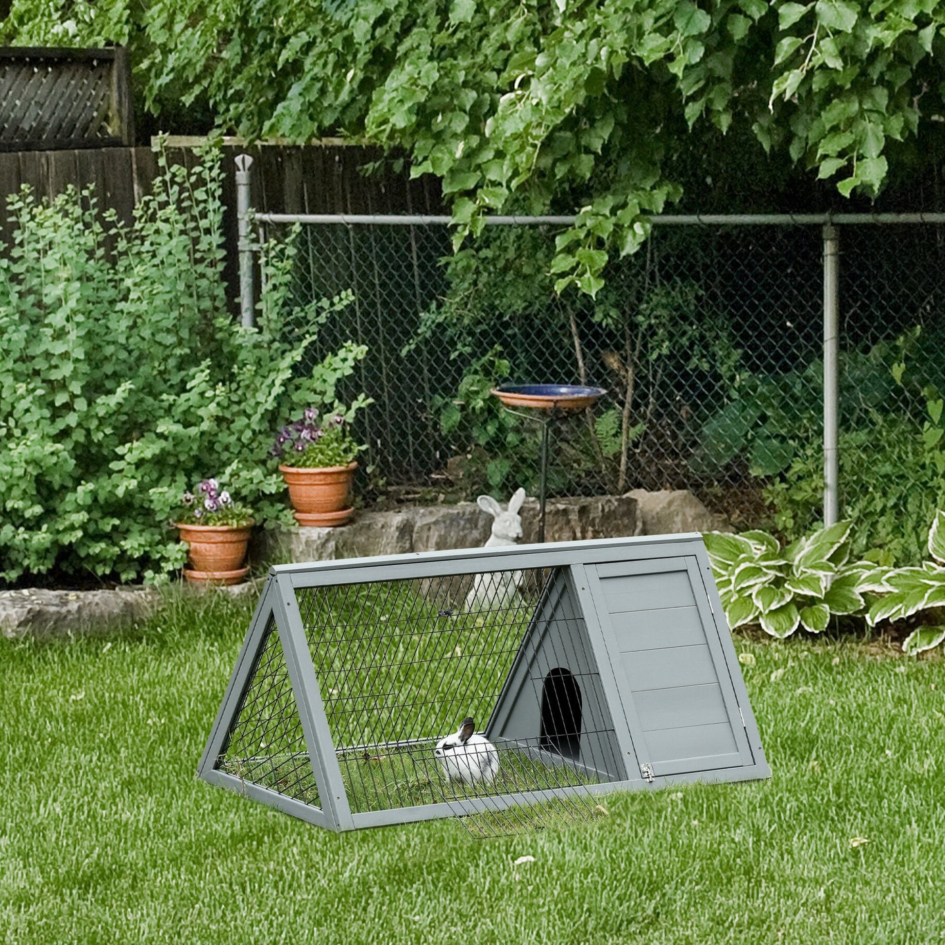 KFX-1899453 Outdoor Wooden A-Frame Rabbit Hutch with Run and Ventilation for Small Animals, Grey