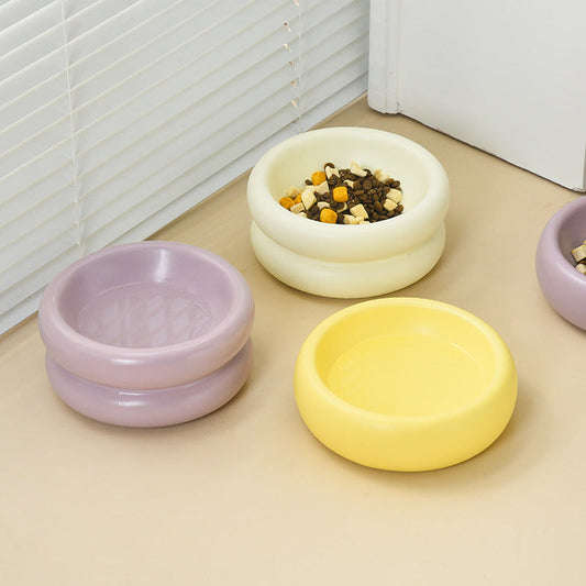 KFX-1901757 Elevated Ceramic Cat Food Bowl with Wide Mouth - 350ml Options in Off-white, Cream Yellow, Purple
