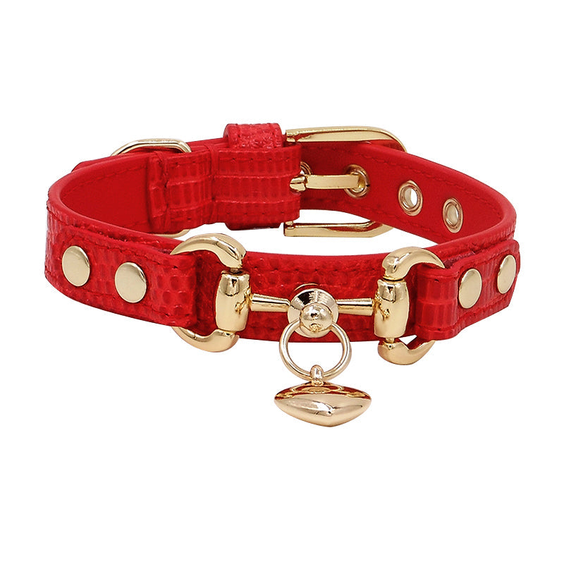 KFX-1903549 Lizard Pattern Double Buckle Leather Pet Collar in Wine Red, Red, and Green - Various Sizes Available