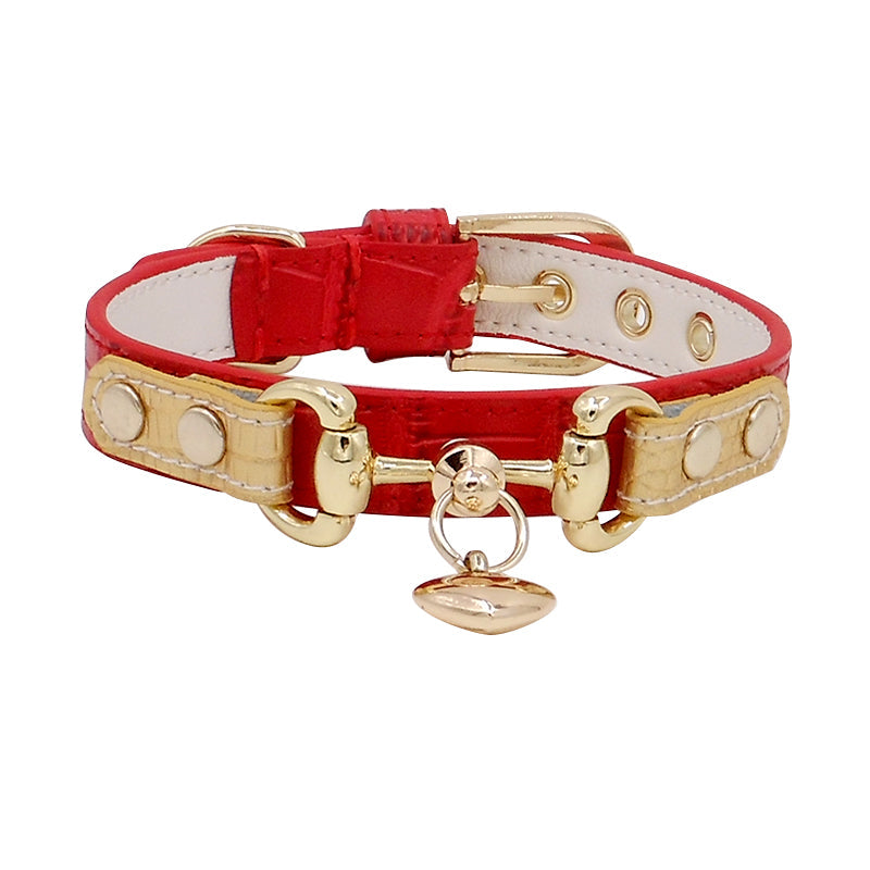 KFX-1903549 Lizard Pattern Double Buckle Leather Pet Collar in Wine Red, Red, and Green - Various Sizes Available