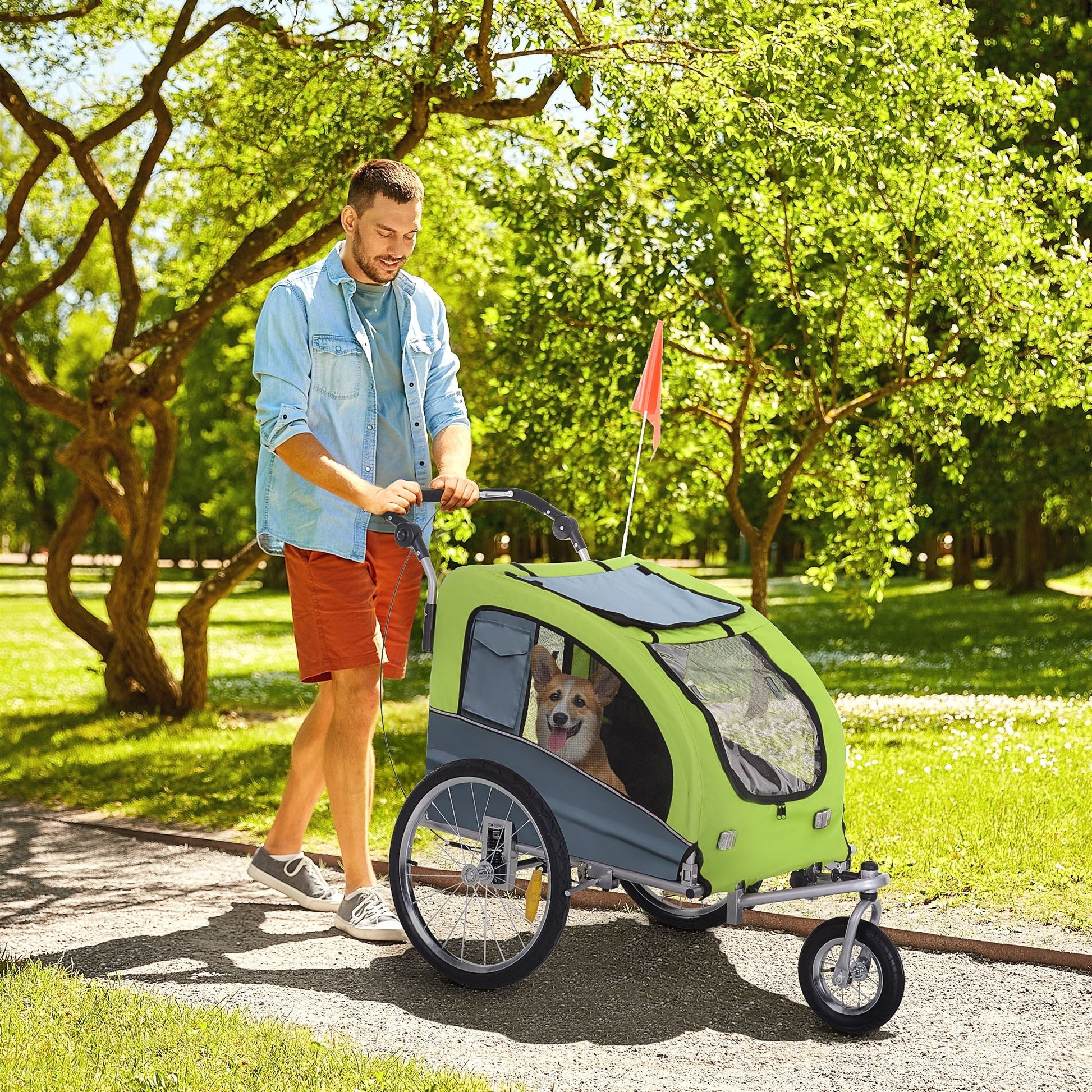 KFX-1907005 Pet Bike Trailer and Stroller with Canopy and Storage Pockets, Green