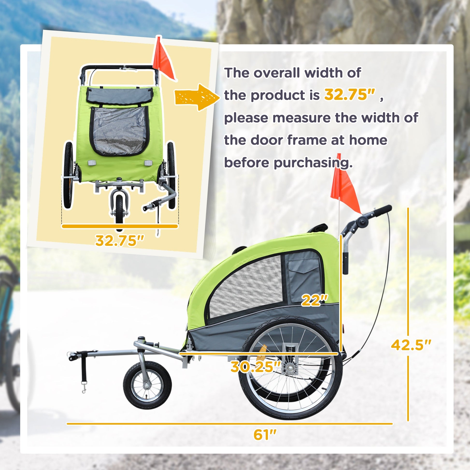 KFX-1907005 Pet Bike Trailer and Stroller with Canopy and Storage Pockets, Green