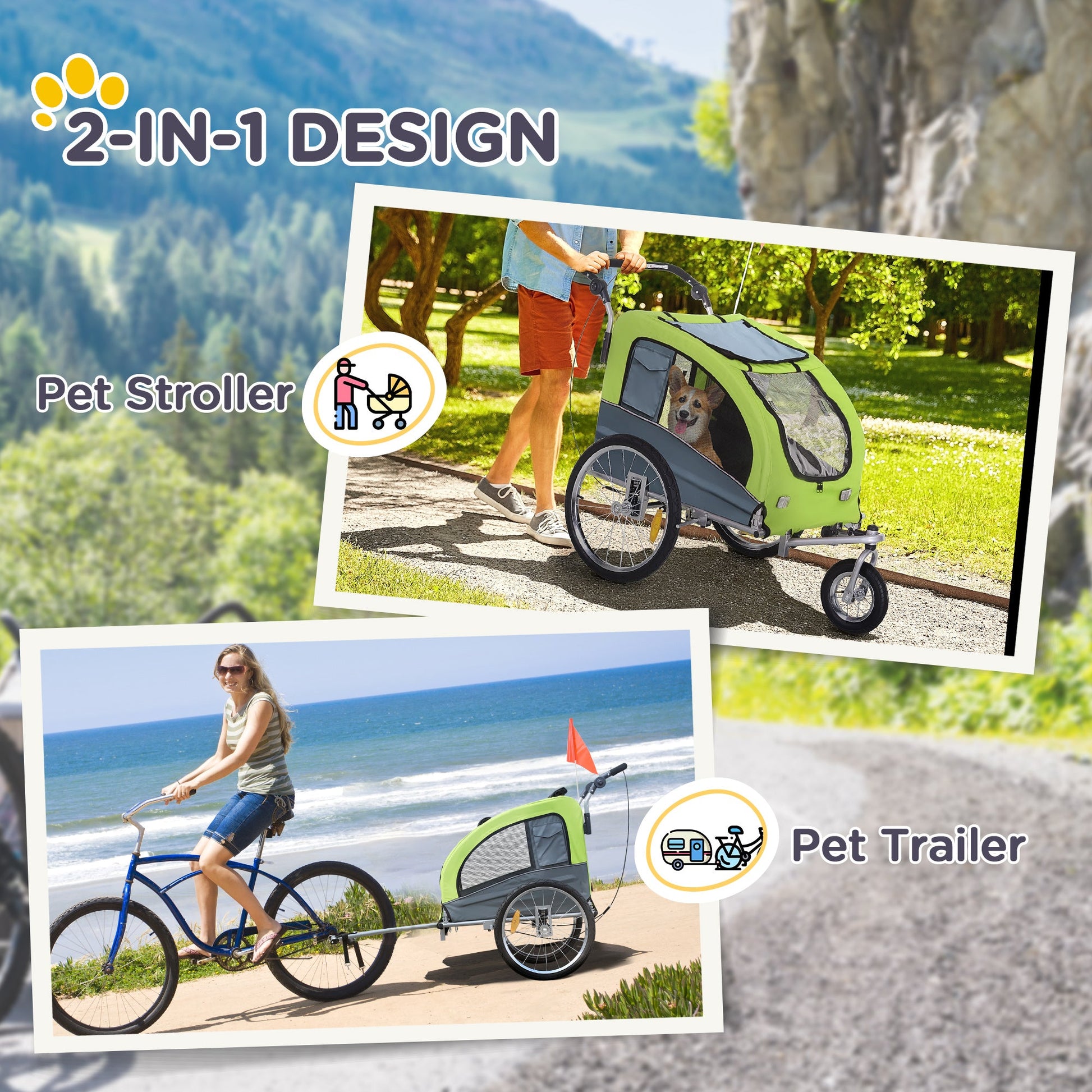 KFX-1907005 Pet Bike Trailer and Stroller with Canopy and Storage Pockets, Green