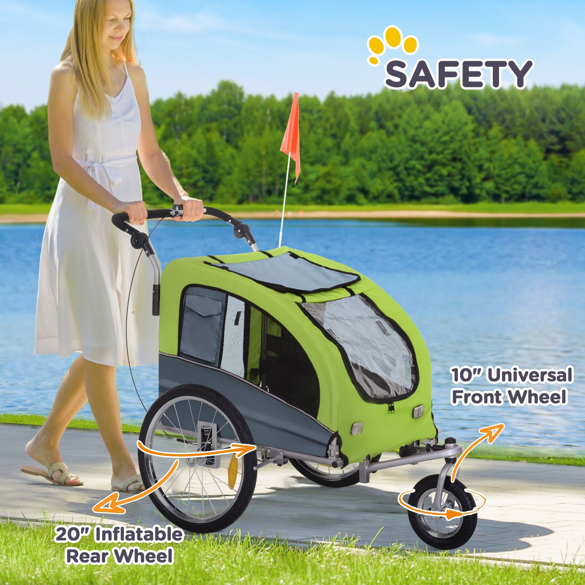 KFX-1907005 Pet Bike Trailer and Stroller with Canopy and Storage Pockets, Green