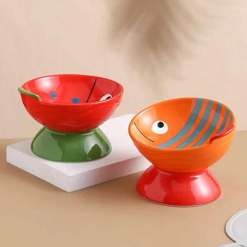 KFX-1911485 Ceramic Cat Bowl with Anti-Tip Design in Orange and Red Options