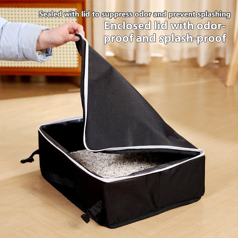 KFX-1912765 Portable Folding Litter Box with Cat Litter Shovel and Bags - Enclosed Design for Travel